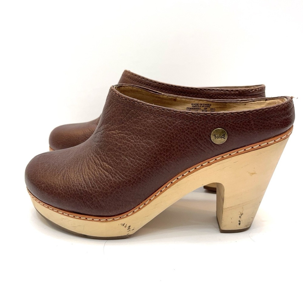 Fossil Women's Heeled Mule Clog Leather Size 9 Brown Burgundy
